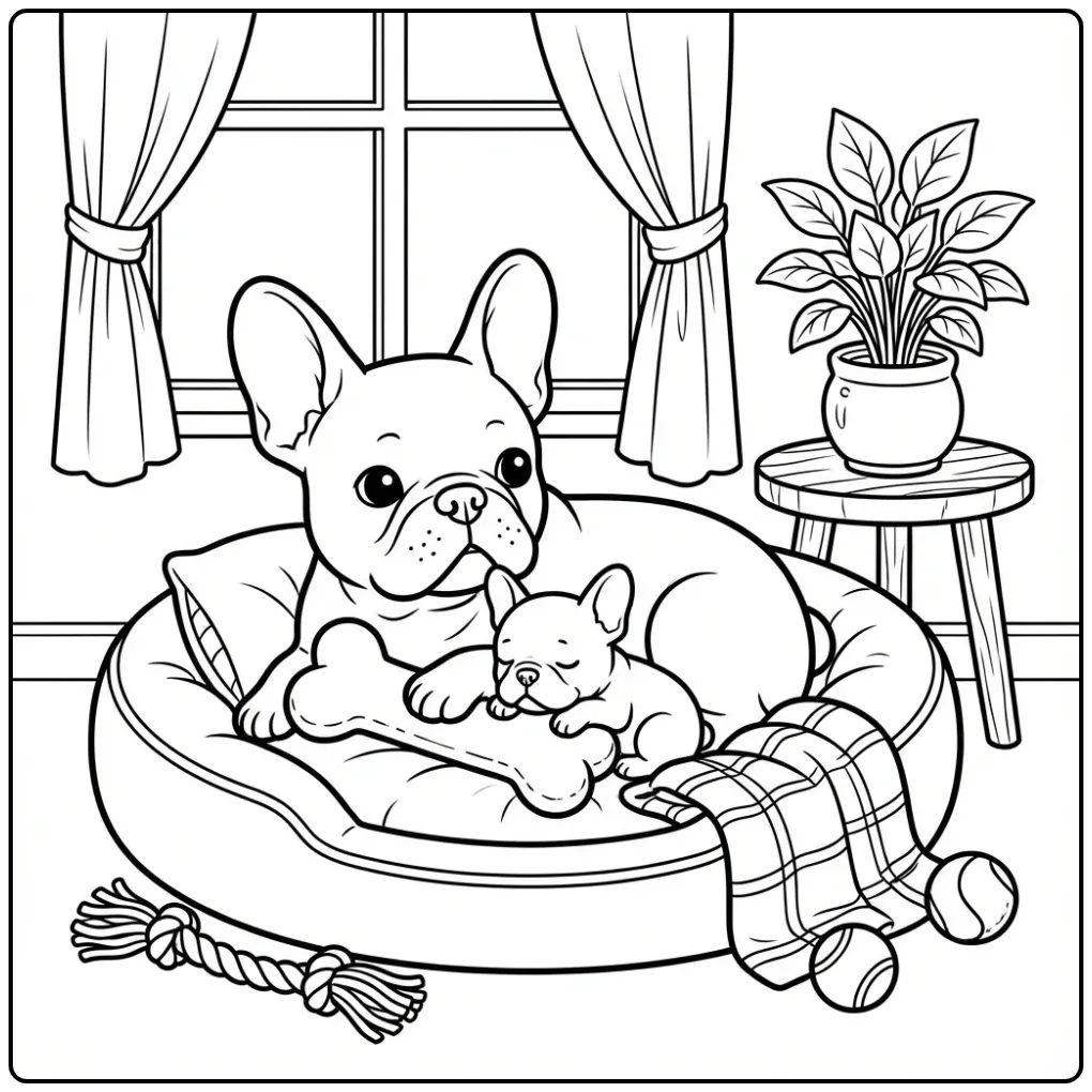 Franse bulldog kleurplaat honden puppies in zachte mand.