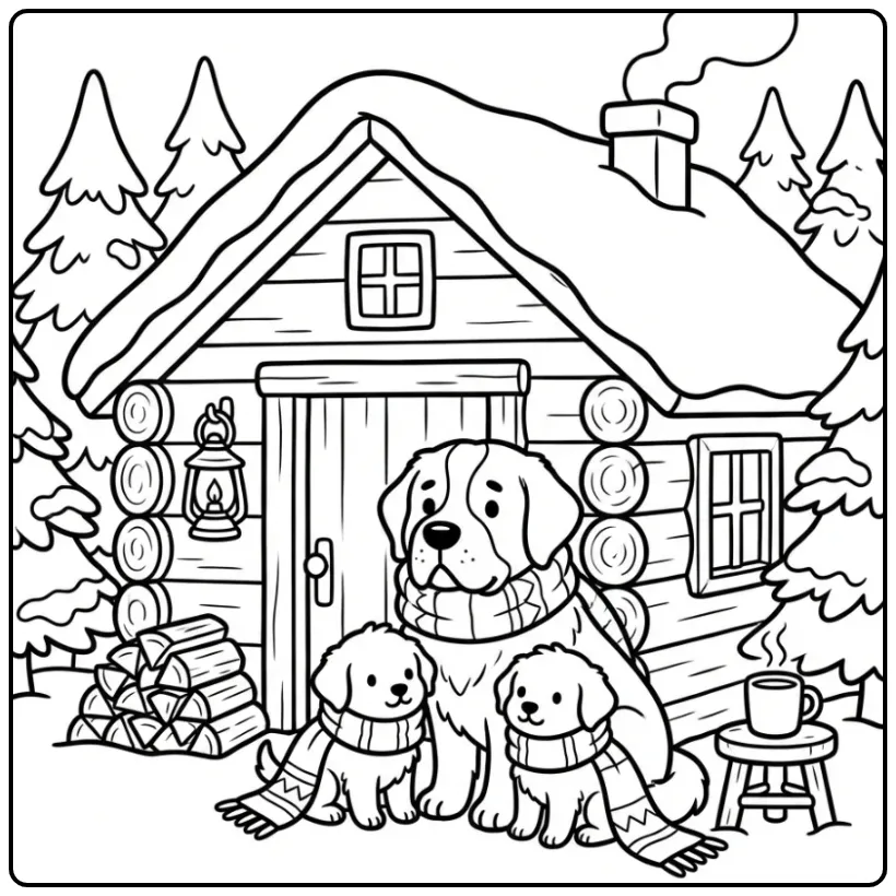 Winterse kleurplaat honden puppies bij blokhut met sjaal.