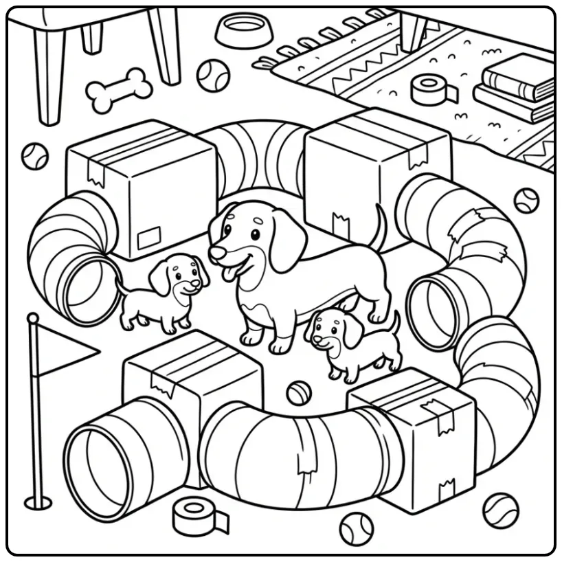 Kleurplaat honden puppies met teckel in een tunnel.