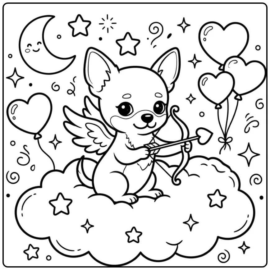 Lieve kleurplaat hondje met hartje op een zachte wolk.