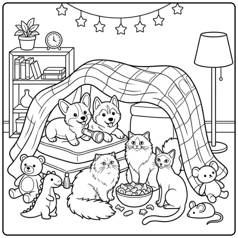 Kleurplaat hondjes en katjes bouwen een knus kussenfort.