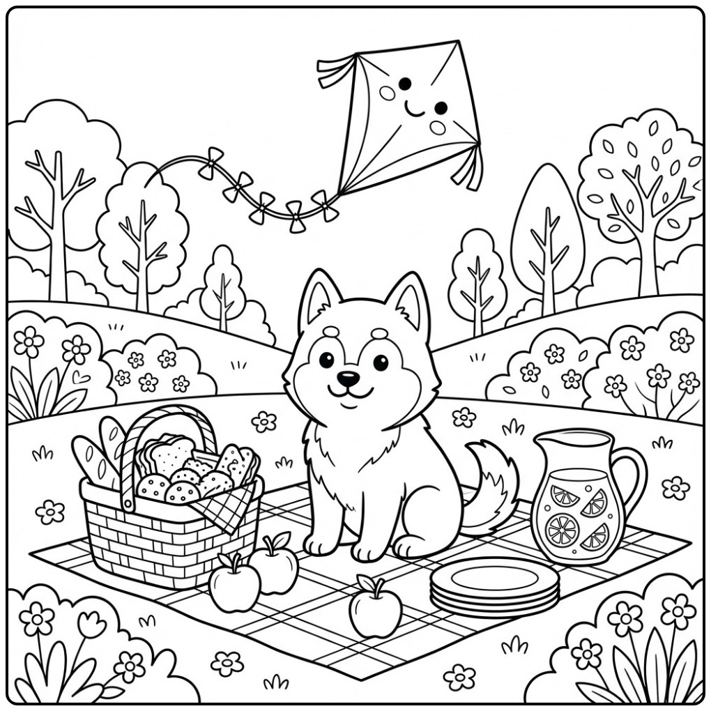 Een vrolijke kleurplaat husky op een picknickkleed in het park.