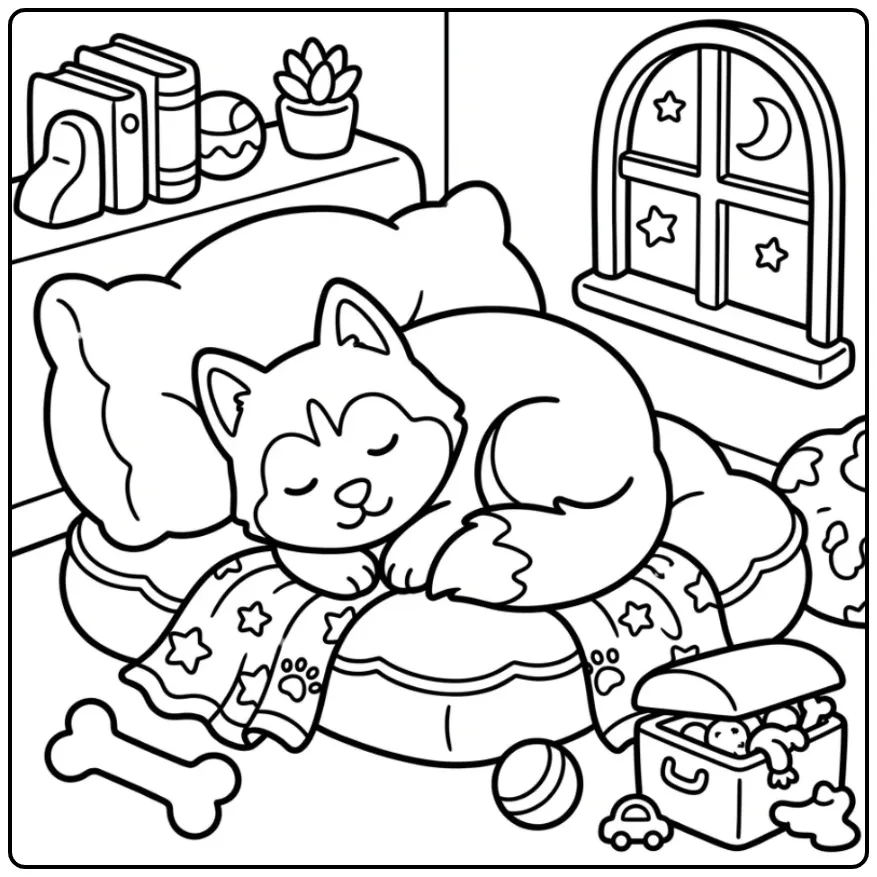 Slapende kleurplaat husky puppy op een zacht kussen.