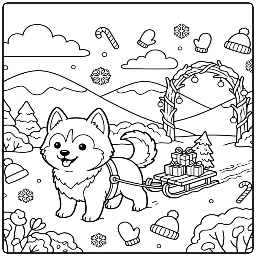 Een leuke kleurplaat husky puppy met slee in de sneeuw.