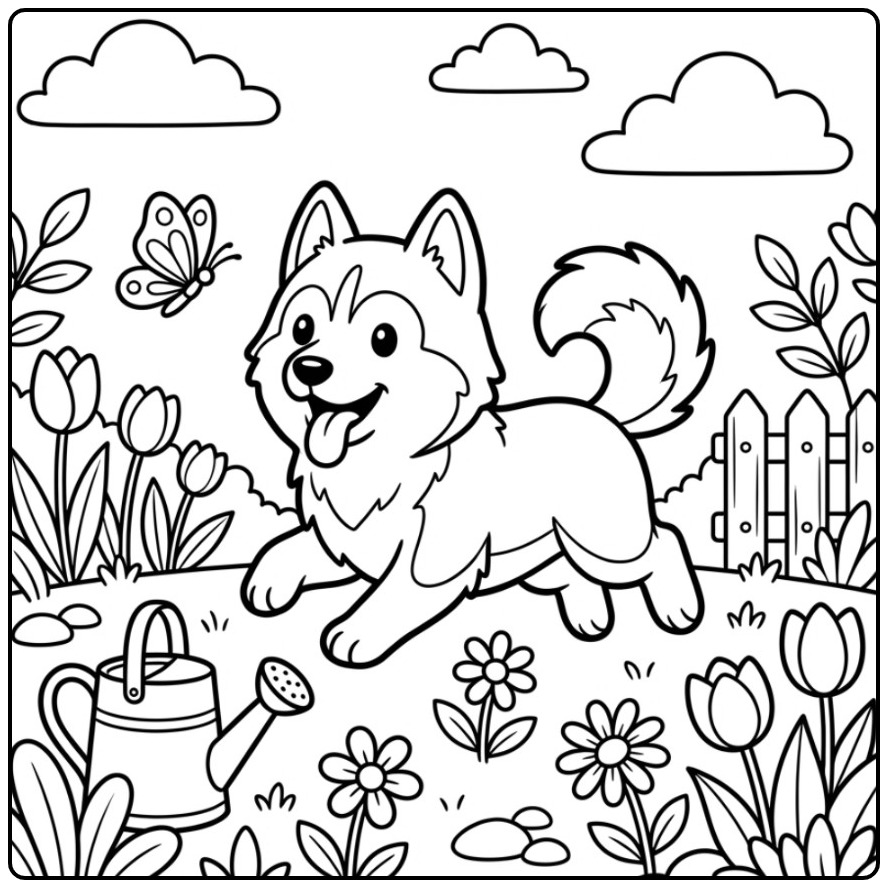 Een vrolijke kleurplaat husky jaagt op een vlinder in de tuin.