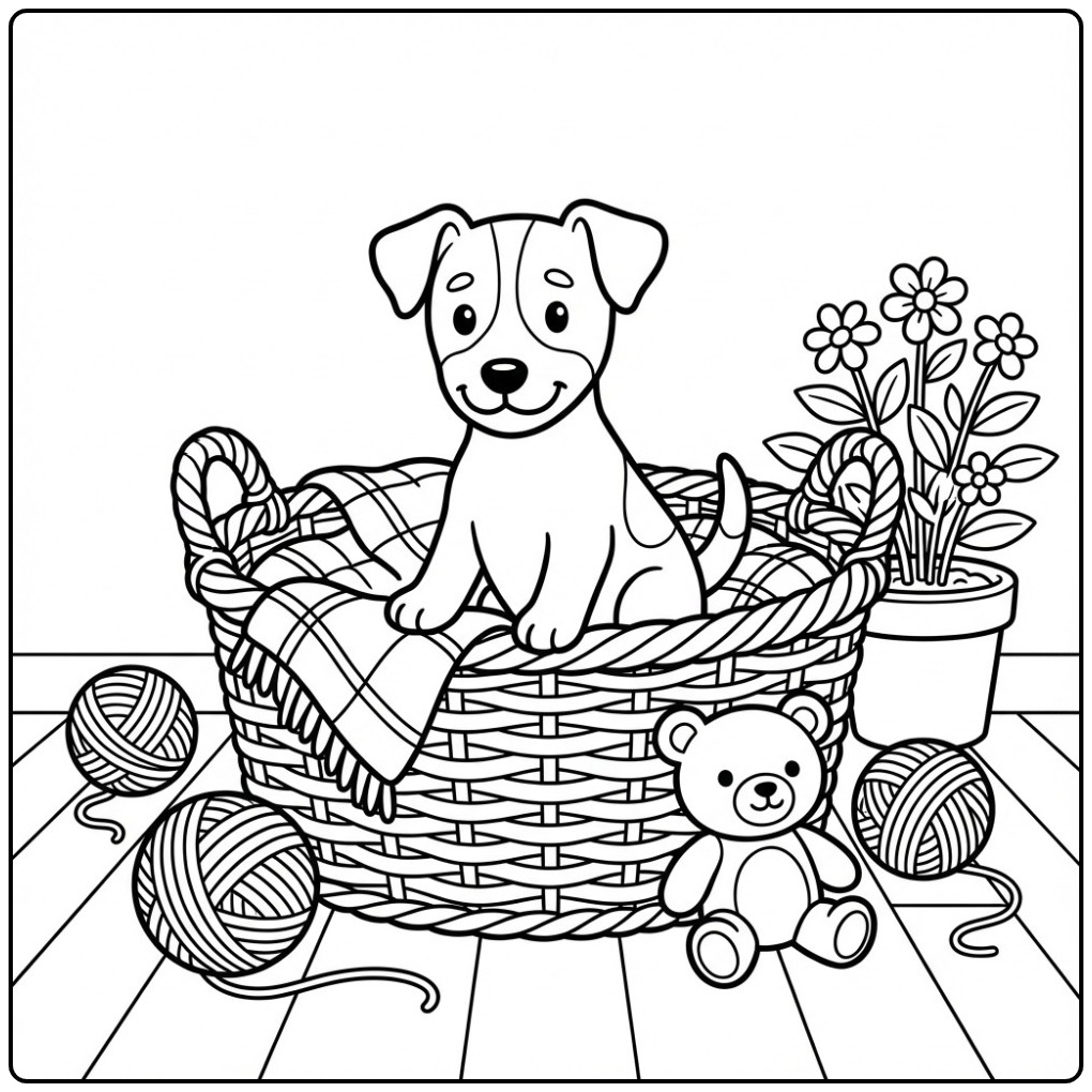Leuke kleurplaat jack russel puppy in een mand met speelgoed.