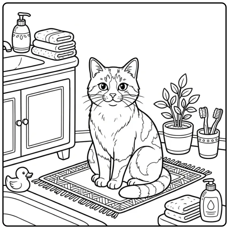 Kleurplaat kat zittend op een badmat bij de wastafel.