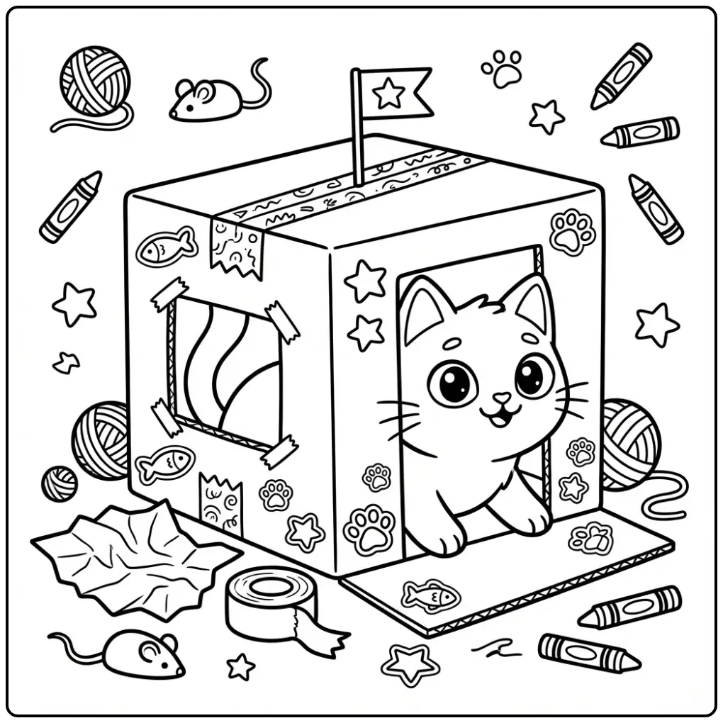 Kleurplaat kat die uit een fort van dozen kijkt met vlag.