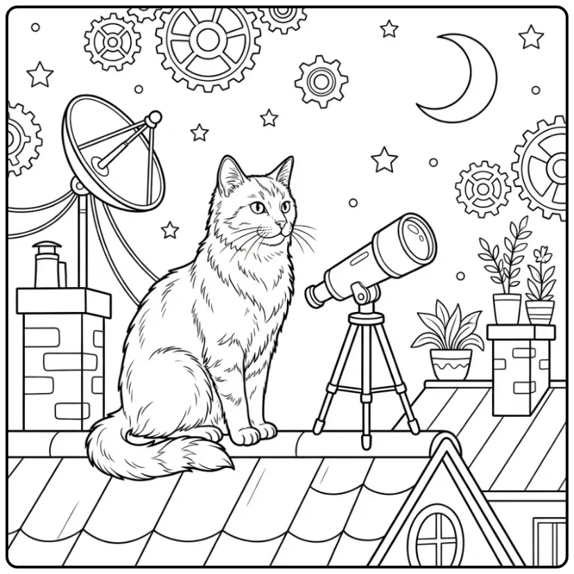 Kleurplaat kat op een dak met een telescoop en maan.