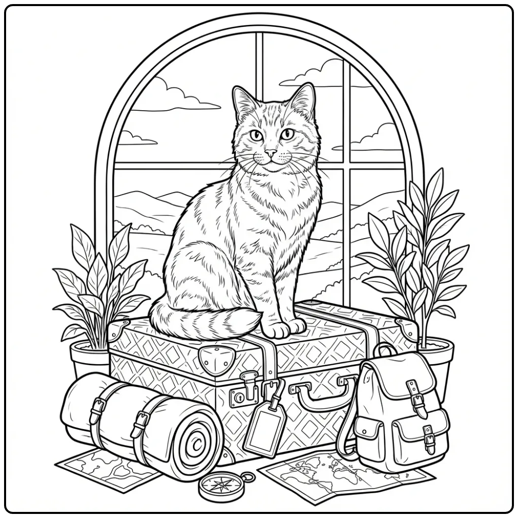 Een vrolijke kleurplaat kat zittend op een reiskoffer.