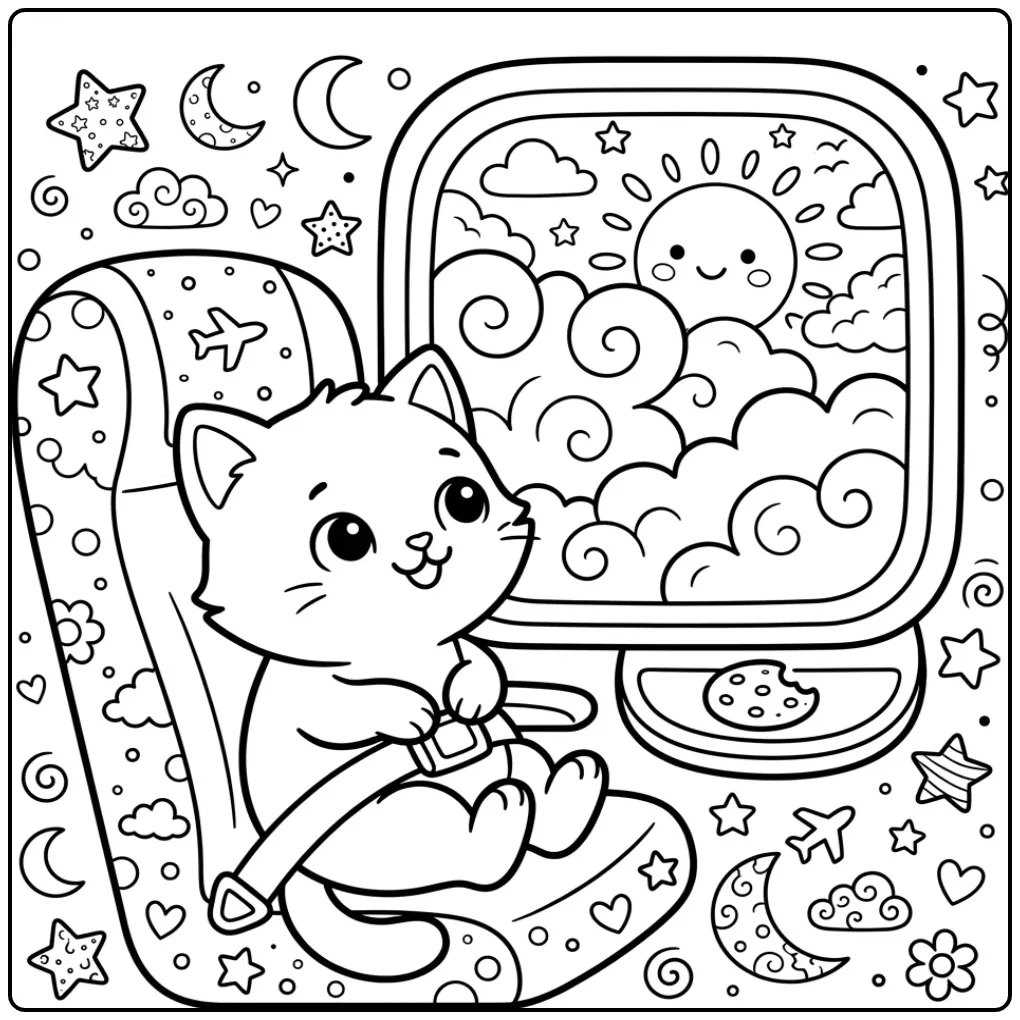 Een vrolijke kleurplaat kat makkelijk in het vliegtuig.