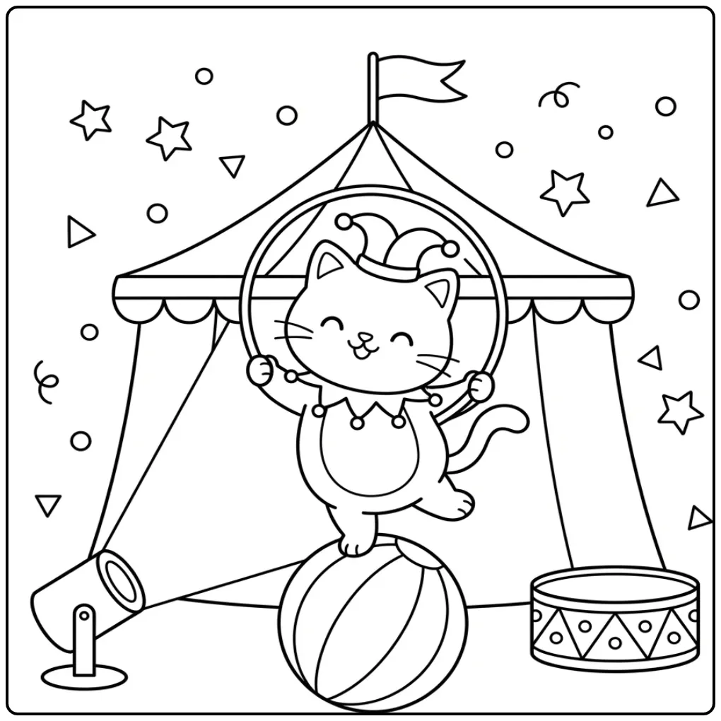 Leuke kleurplaat kat makkelijk als circusartiest op een bal.