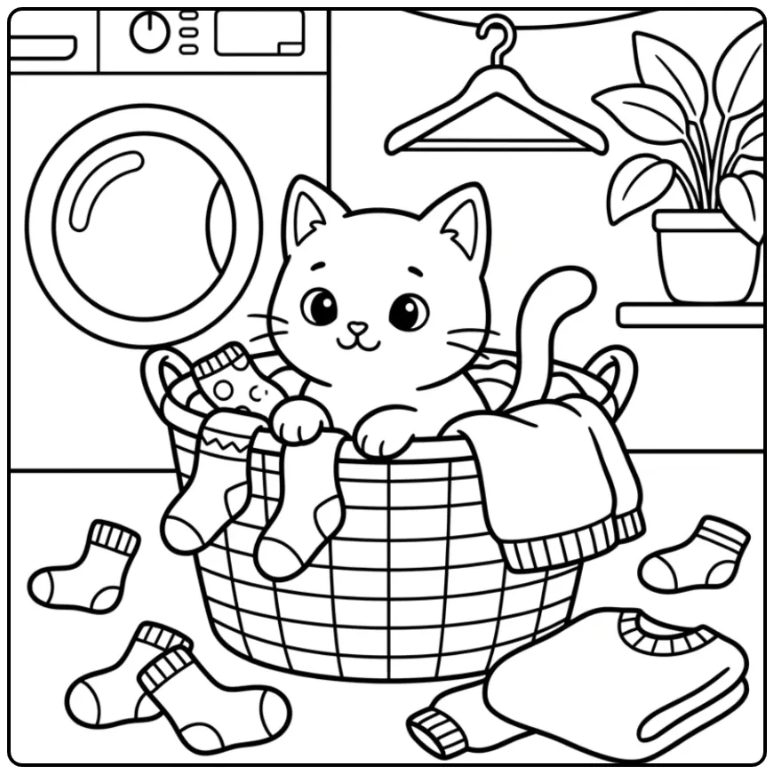 Een leuke kleurplaat kat makkelijk met wasmand.