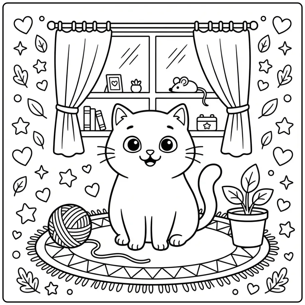 Leuke kleurplaat kat makkelijk zittend op een kleedje.