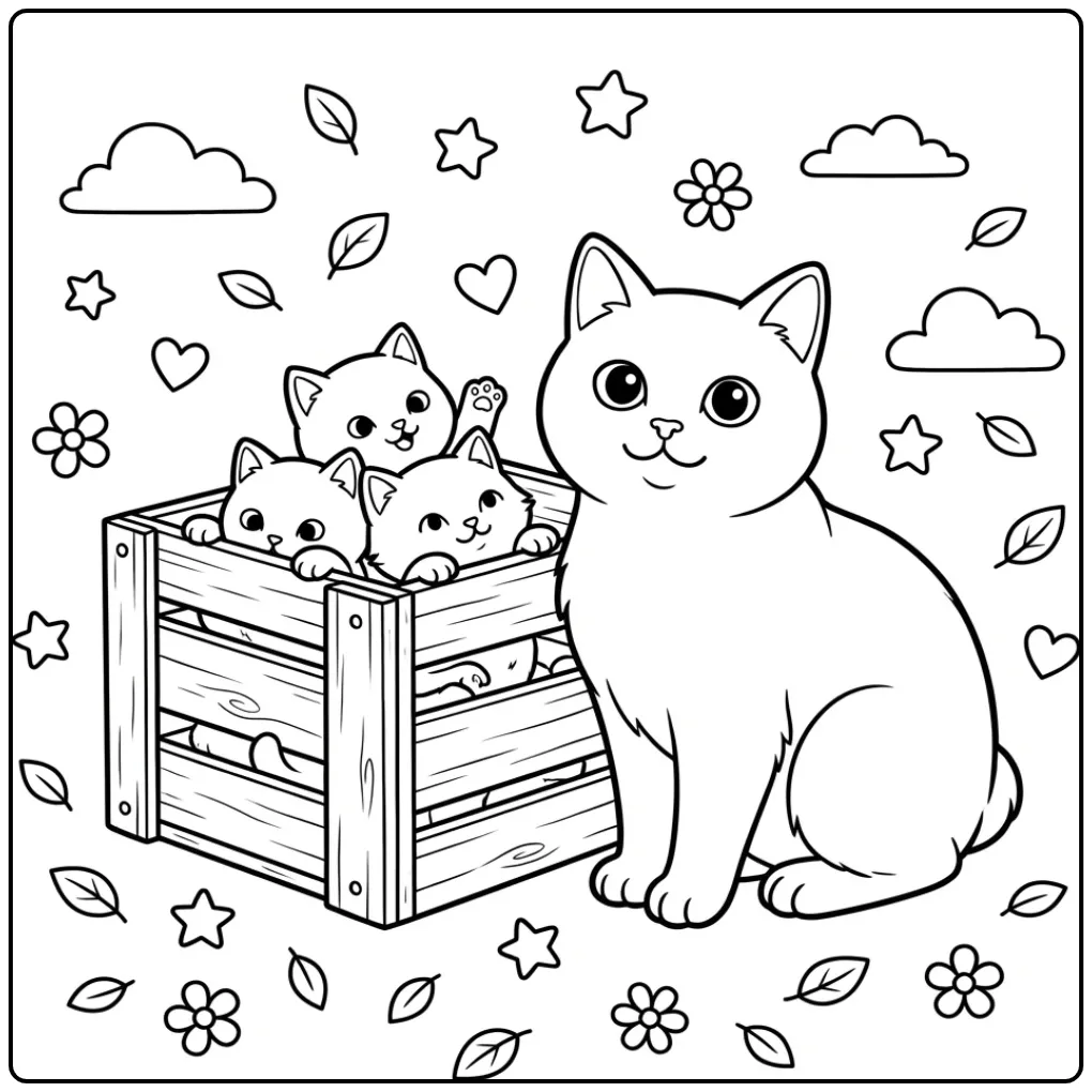 Een leuke kleurplaat kat met kittens bij een houten kist.