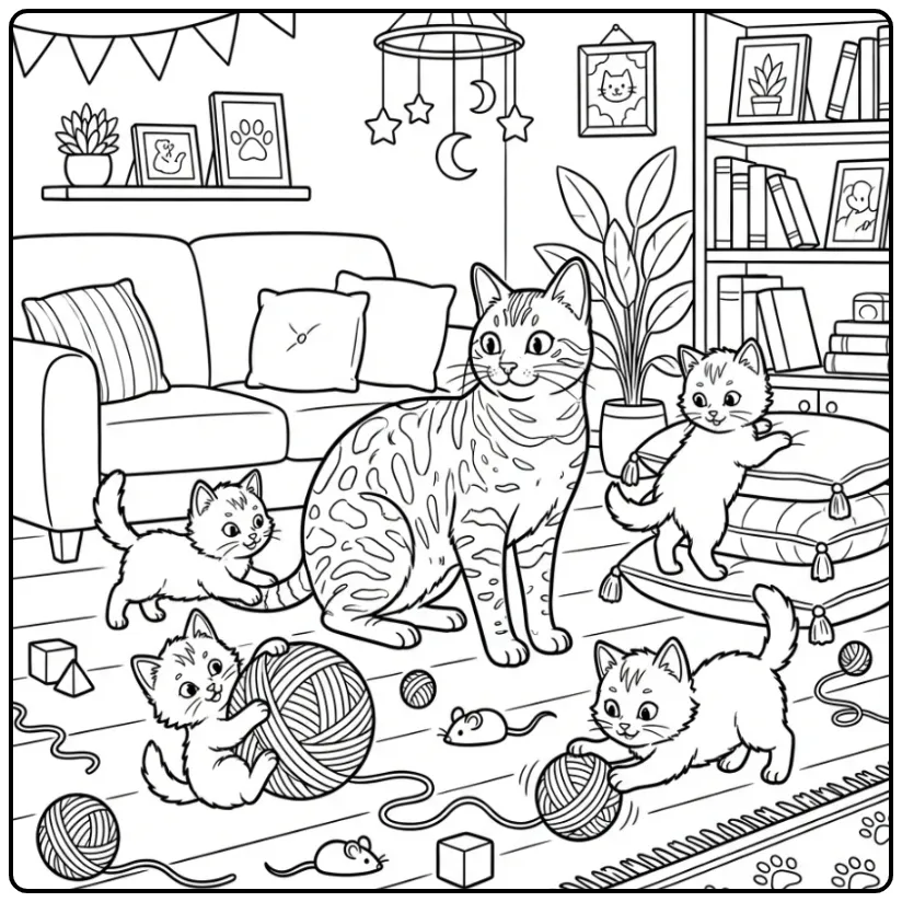 Speelse kleurplaat kat met kittens en bollen wol