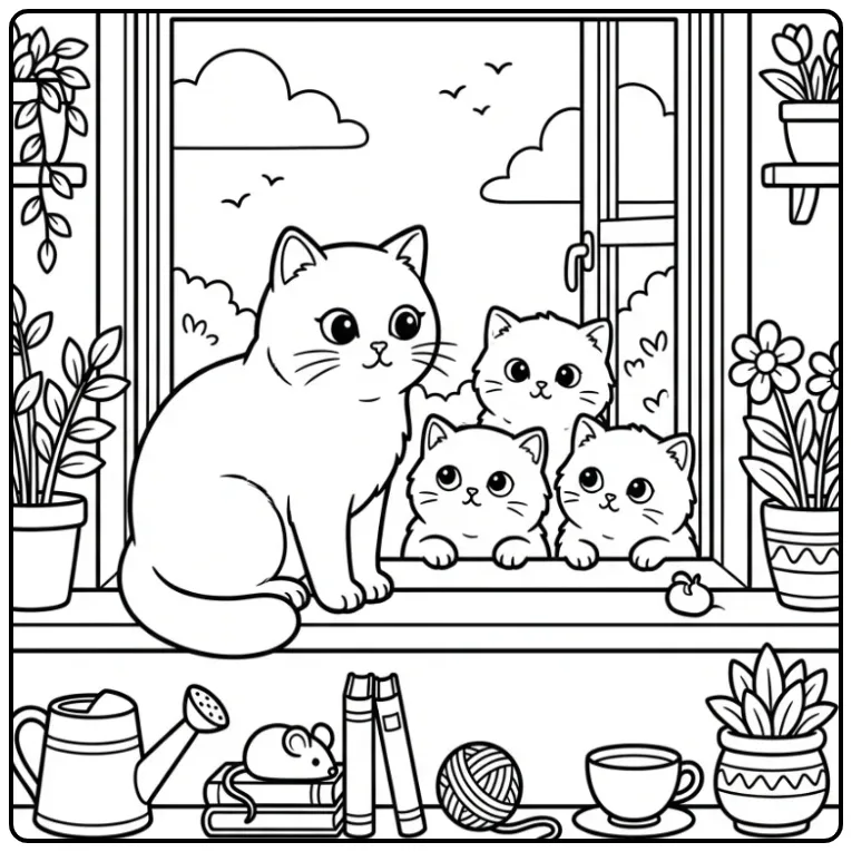 Kleurplaat kat met kittens kijkend naar vogels en wolken.