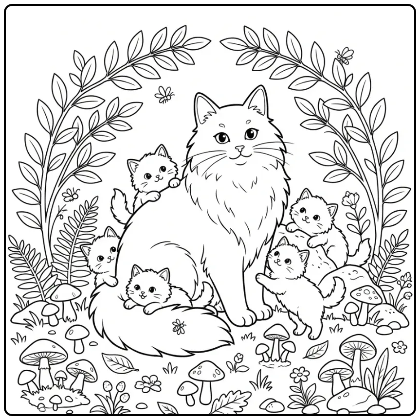 Noorse boskat kleurplaat kat met kittens in de natuur.