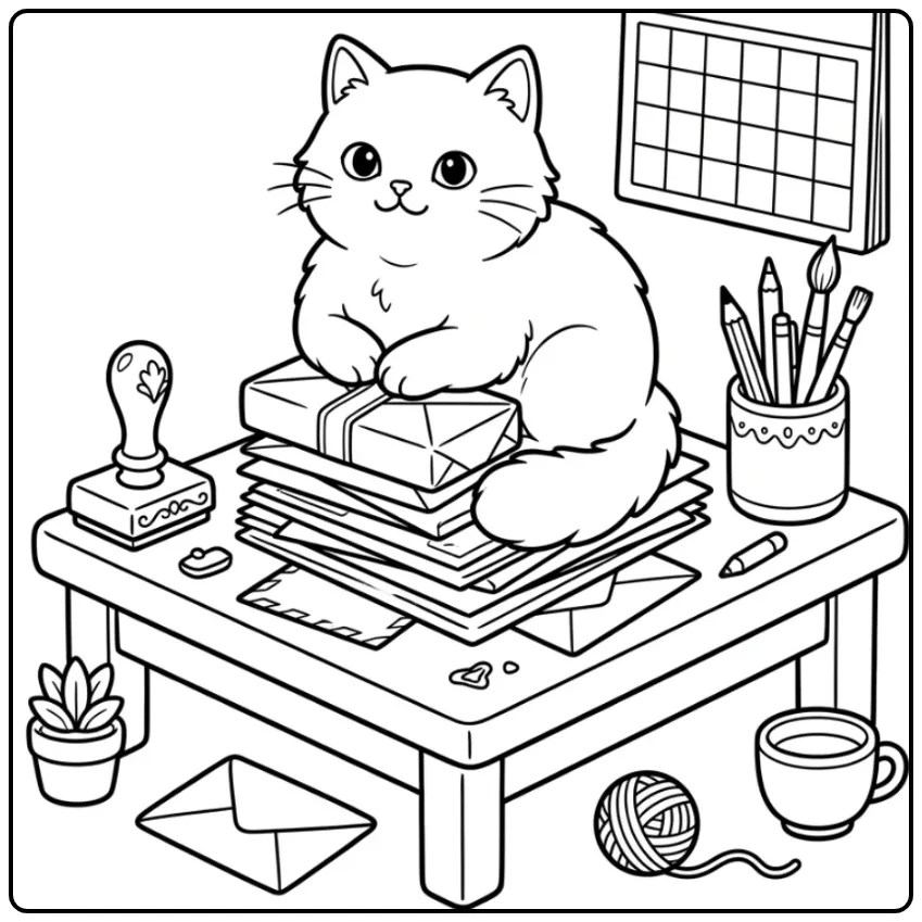 Lieve kleurplaat kat zittend op enveloppen en post.