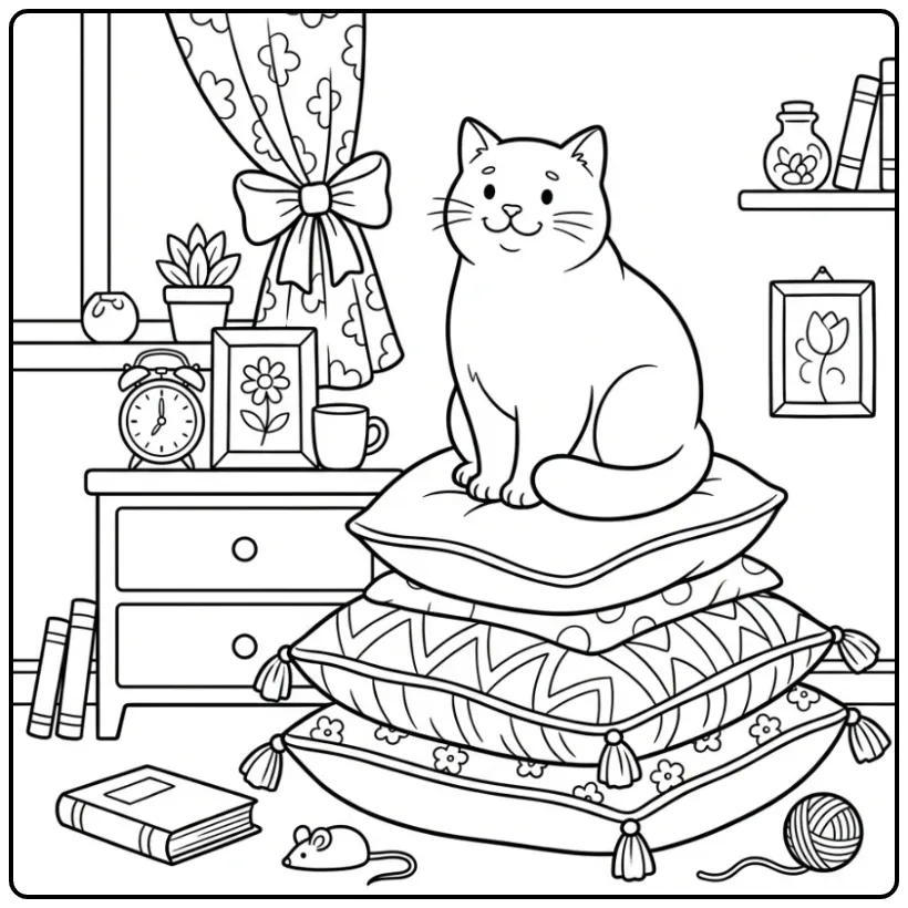 Een gedetailleerde kleurplaat kat zittend op zachte kussens.