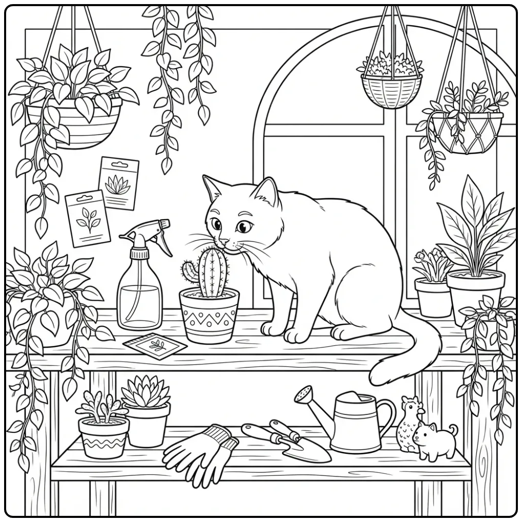 Realistische kleurplaat kat tussen planten