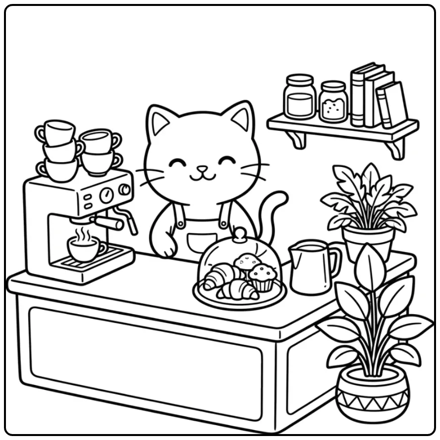 Barista kleurplaat kat voor volwassenen met verse koffie.