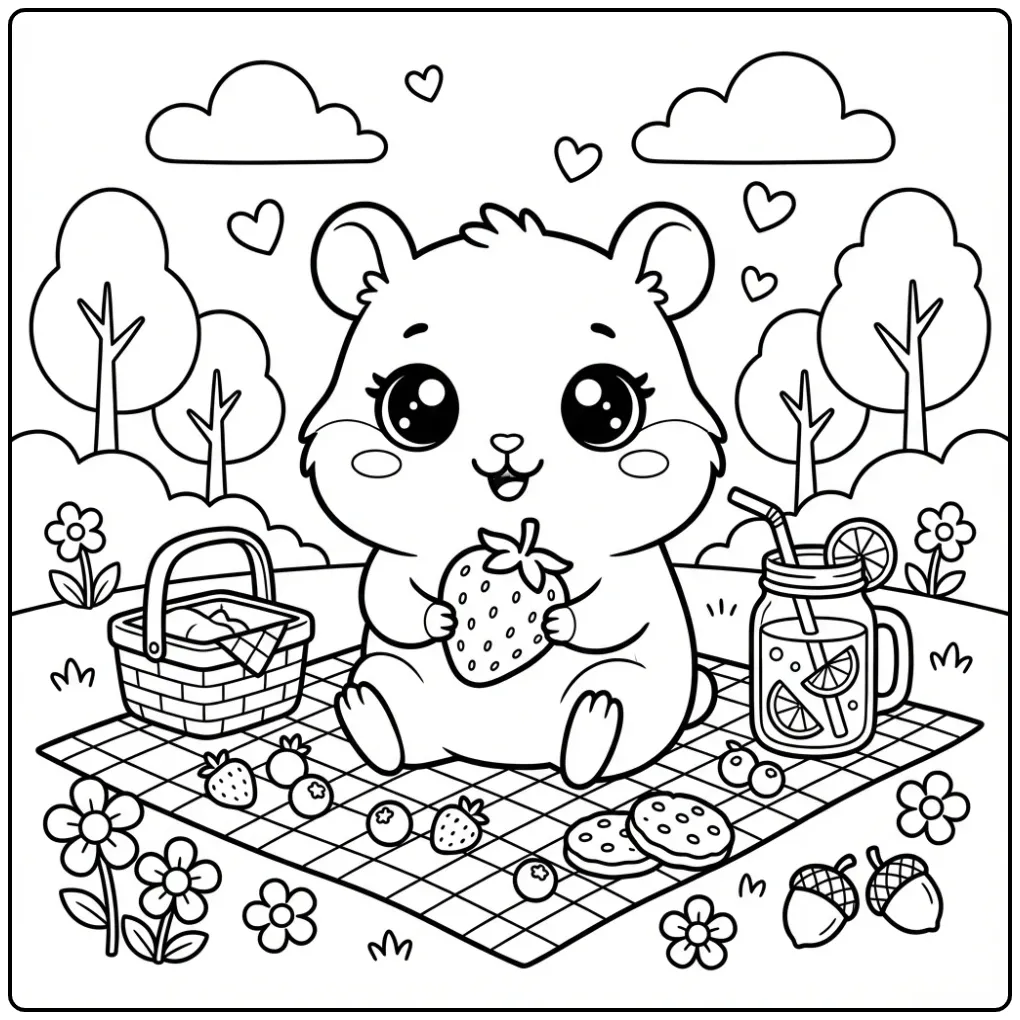 Lieve kleurplaat kawaii hamster op een kleedje met fruit