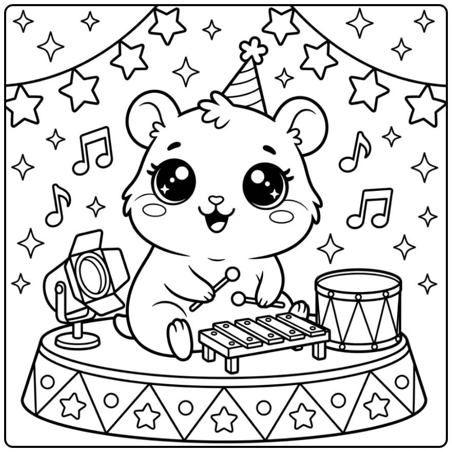 Muzikale kleurplaat kawaii hamster met een kleine xylofoon