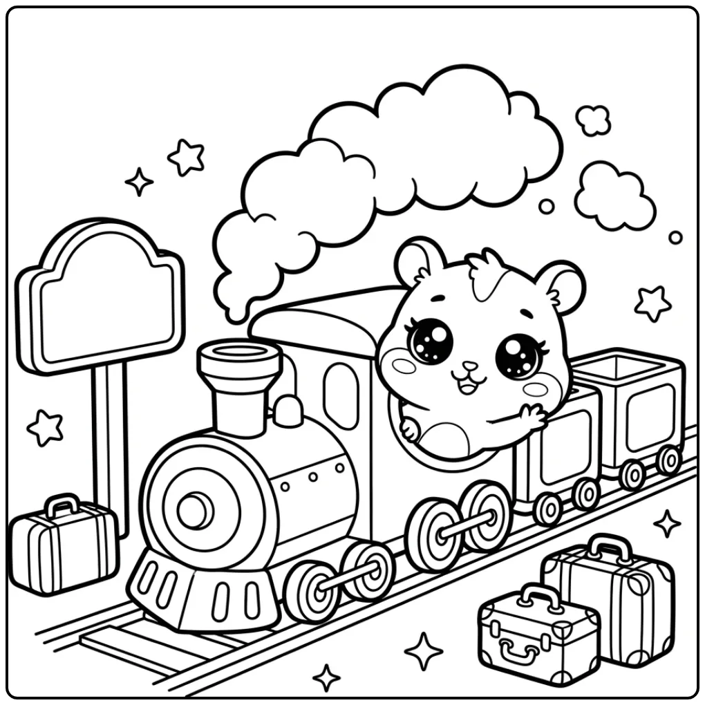 Vrolijke kleurplaat kawaii hamster in een speelgoedtrein.