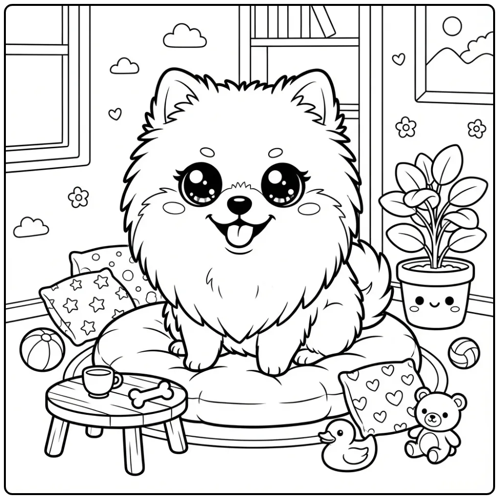 Een schattige Pomeriaan op een kleurplaat kawaii hond.