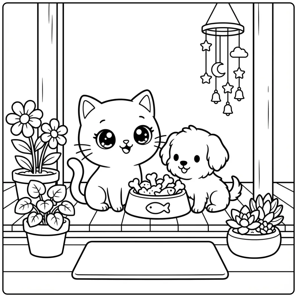 Kleurplaat kawaii kat en puppy delen koekjes bij de deur.