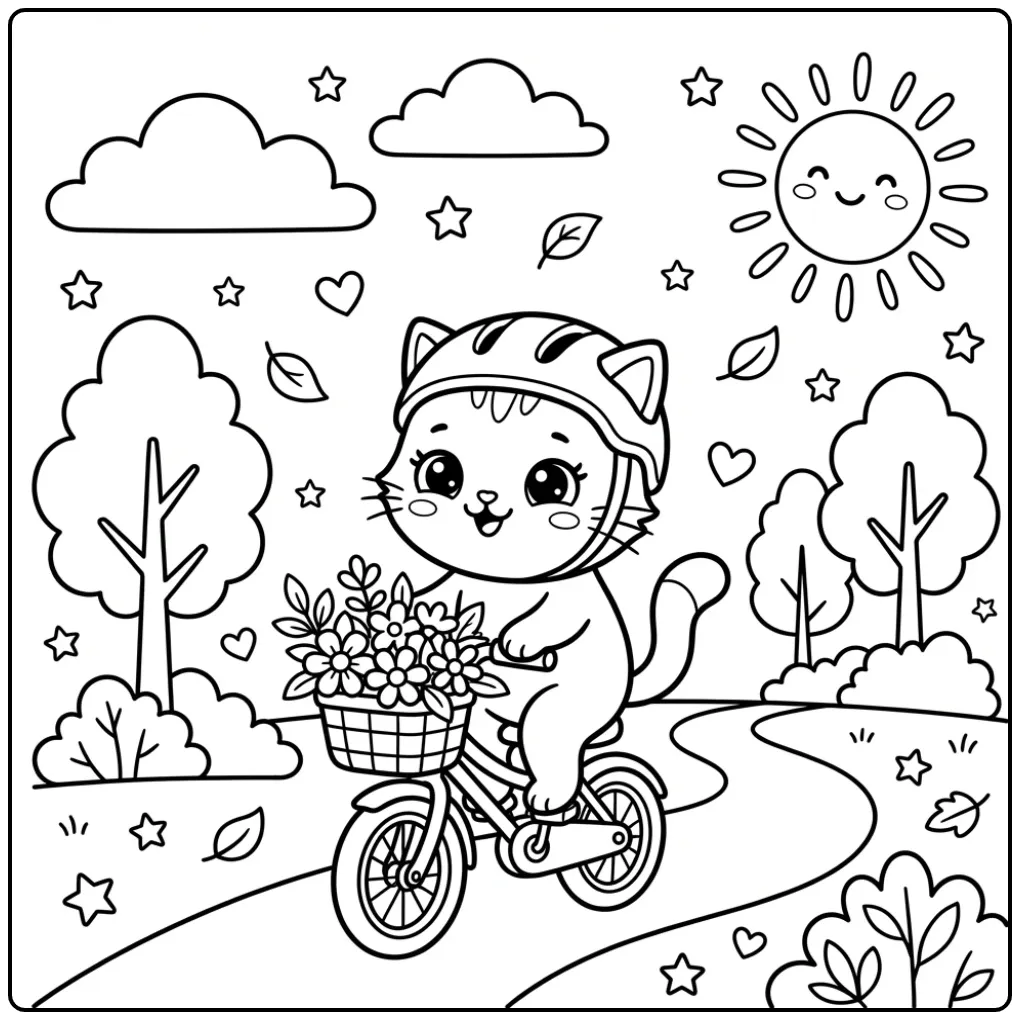 Vrolijke kleurplaat kawaii kat op een fiets met bloemen.