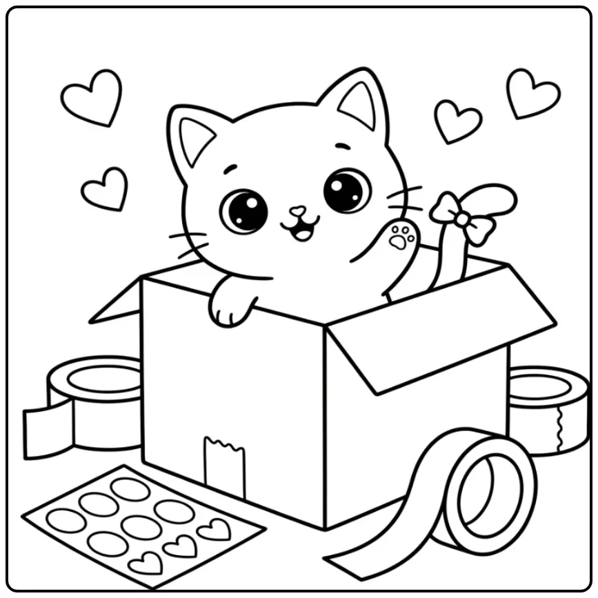 Vrolijke kleurplaat kawaii kat in een doos zwaait.