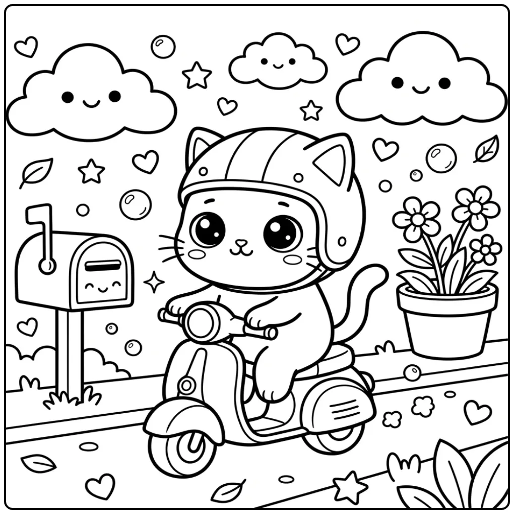 Een kleurplaat kawaii kat op een scooter met helm en wolken.
