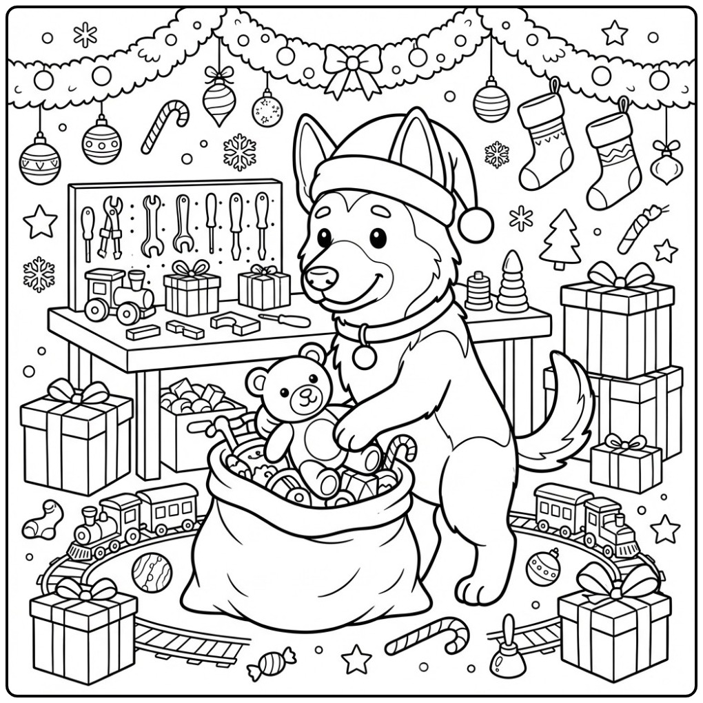 Leuke kleurplaat kerst hond als helper van de Kerstman.
