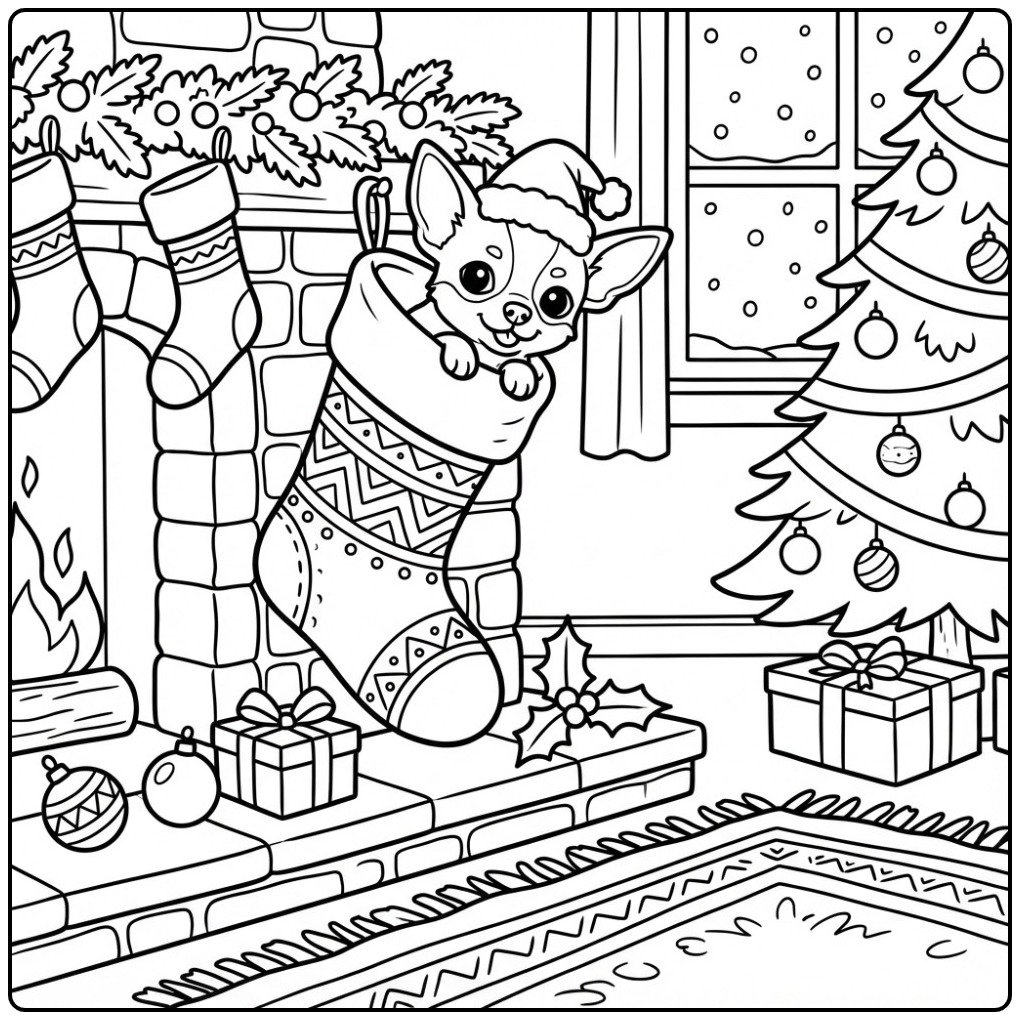 Vrolijke kleurplaat kerst hond chihuahua in een kerstsok.