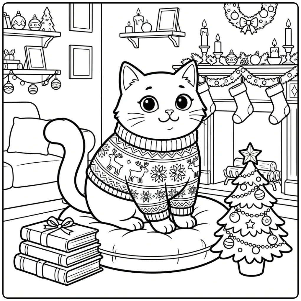 Gezellige kleurplaat kerst kat met trui op een kussen.