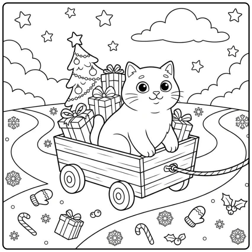 Feestelijke kleurplaat kerst kat tussen de pakjes en sneeuw