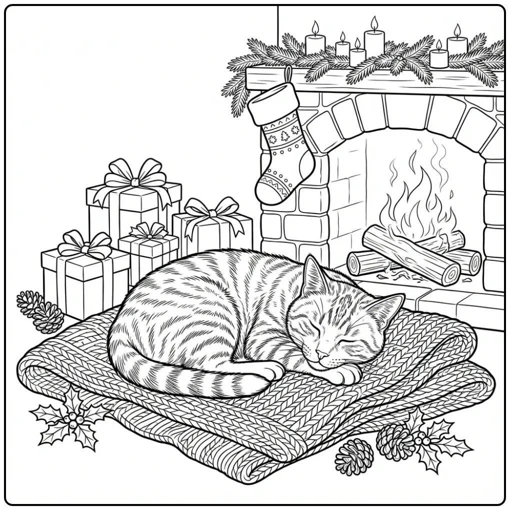 Feestelijke kleurplaat kerst kat met cadeautjes en haard