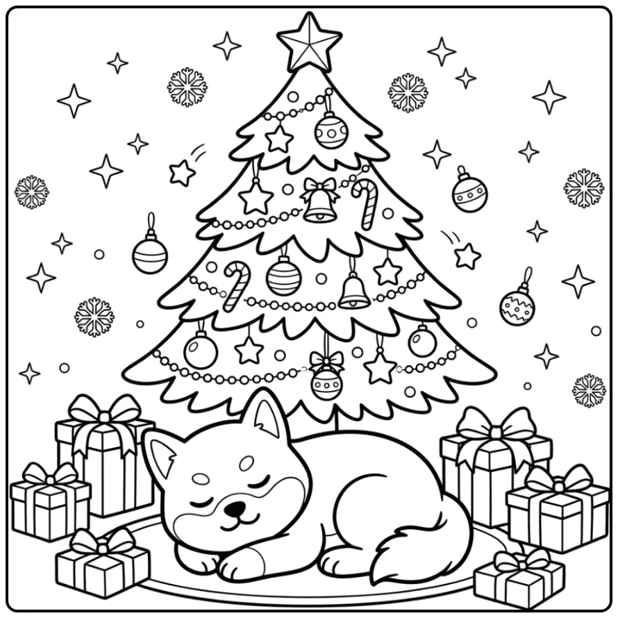 Slapende Shiba Inu als kleurplaat kerst puppy onder de boom.