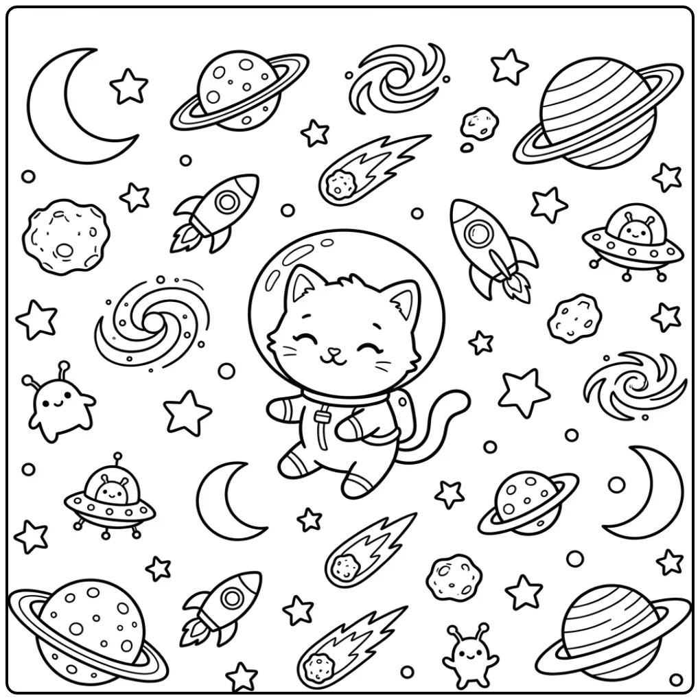 Leuke kleurplaat kitten zwevend tussen planeten en sterren.
