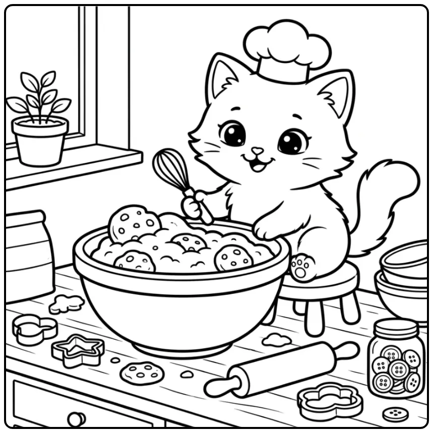 Een vrolijke kleurplaat kitten bij een mengkom.