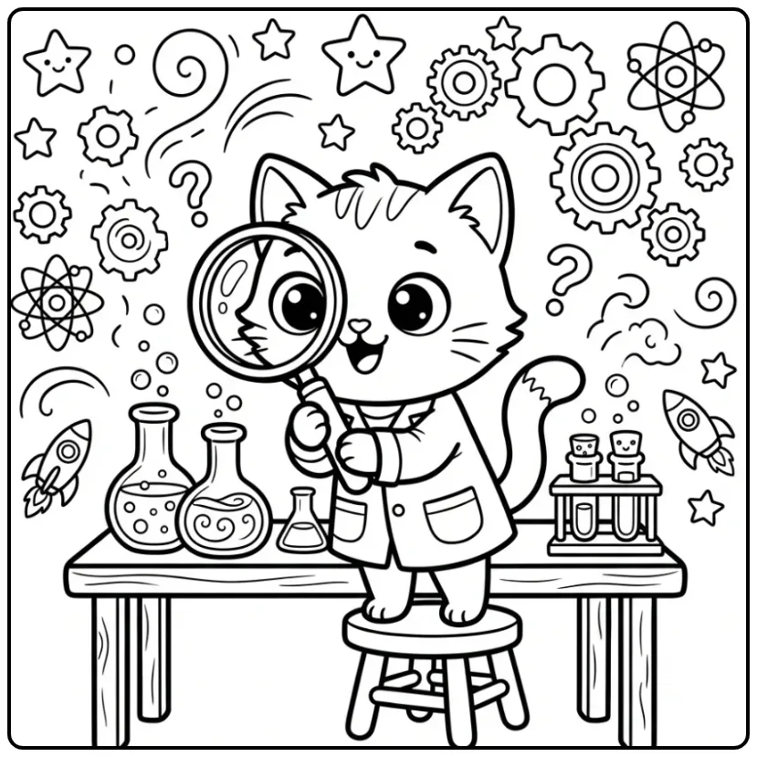 Een kleurplaat kitten als wetenschapper met vergrootglas.