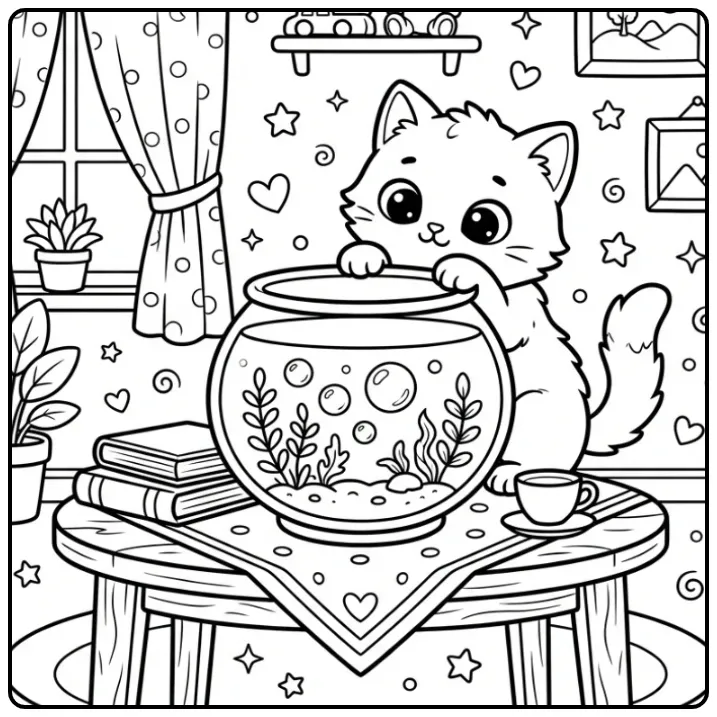 Een speelse kleurplaat kitten bij een vissenkom met bubbels.