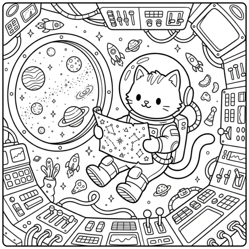 Gedetailleerde kleurplaat kitten moeilijk in een ruimtepak.