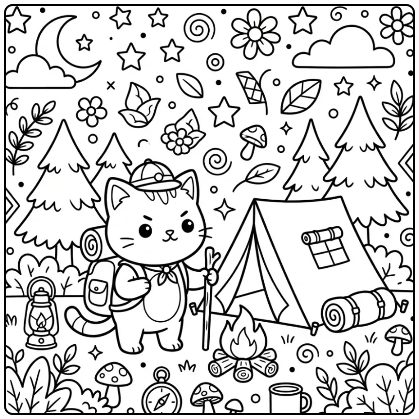 Kleurplaat kitten als avonturier met tent en kampvuur.