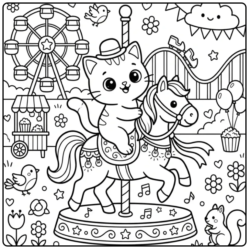 Vrolijke kleurplaat kitten op een draaimolen in het pretpark