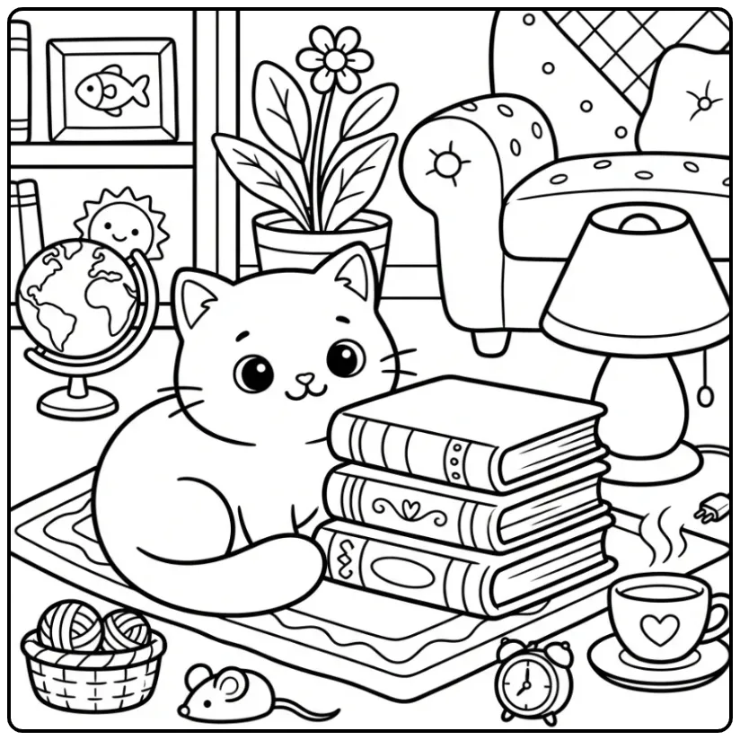 Kleurplaat kitten zittend naast boeken in een bibliotheek.