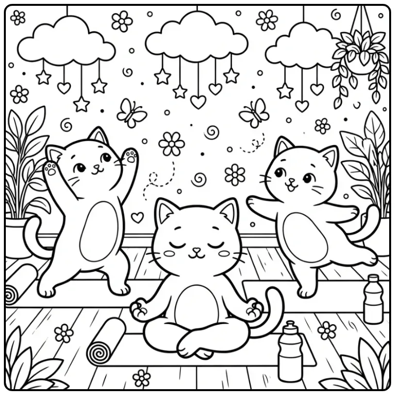 Drie vrolijke kleurplaat kittens doen yoga stretches.