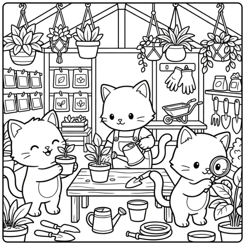 Drie tuinierende kleurplaat kittens met plantjes en gieter.